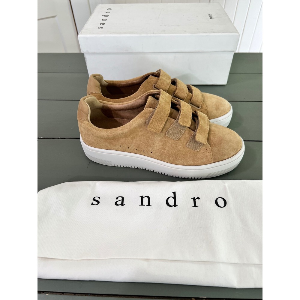 New in Box SANDRO Paris Women's Sneakers Suede Leather Mocha Cream Size 39 - Picture 9 of 14